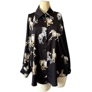 Button Up Horse Print Blouse Shirt L Women’s Black Western Casual Fashion Top
